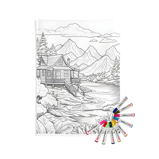 Indoor wall tapestry design featuring a serene cabin scene by a lake with mountains, trees, and clouds