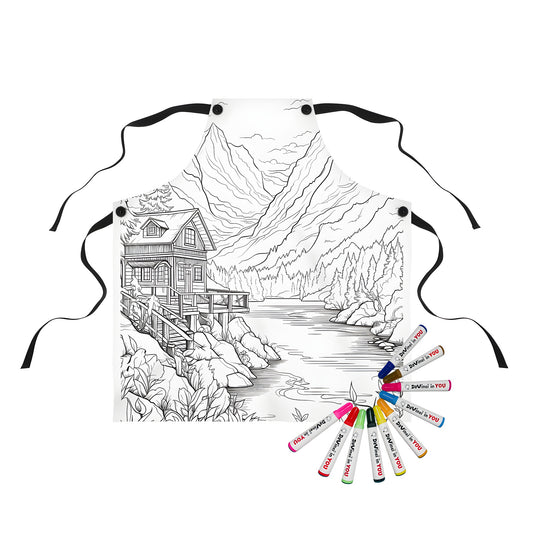 Coloring apron featuring a detailed line drawing of a cabin by a lake surrounded by mountains and trees