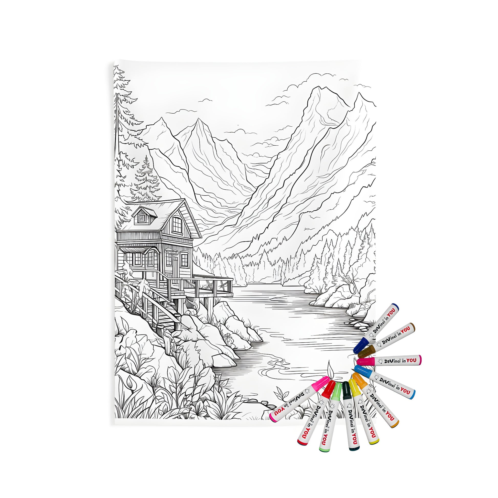 Coloring page of a cozy cabin by a serene lake, surrounded by majestic mountains and lush trees