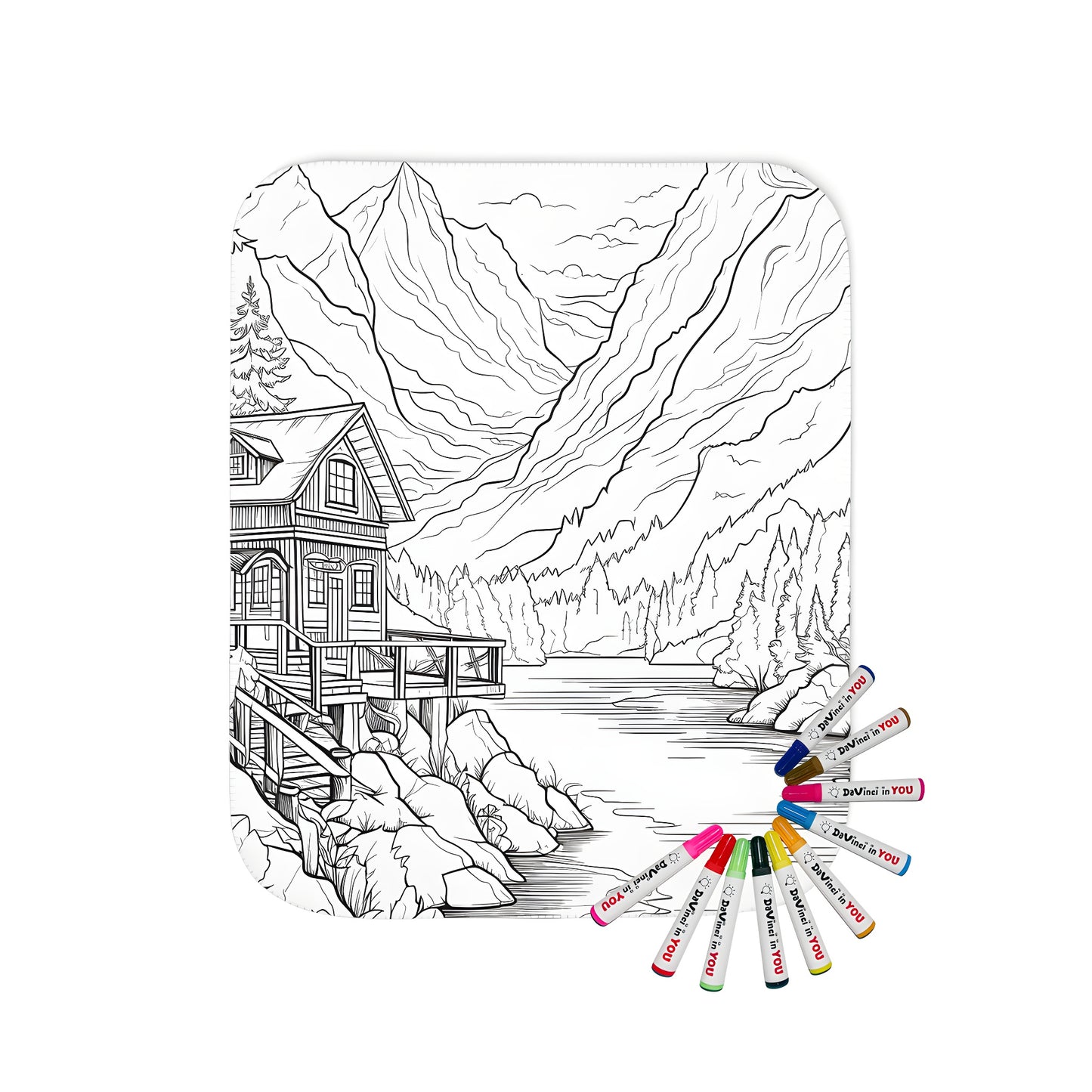 Cozy blanket with cabin scene for adult coloring