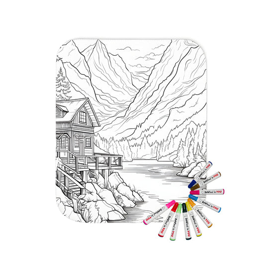 Cozy blanket with cabin scene for adult coloring