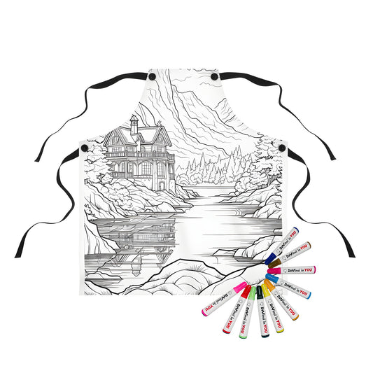 Apron with lake cabin print, featuring a serene mountain scene with trees