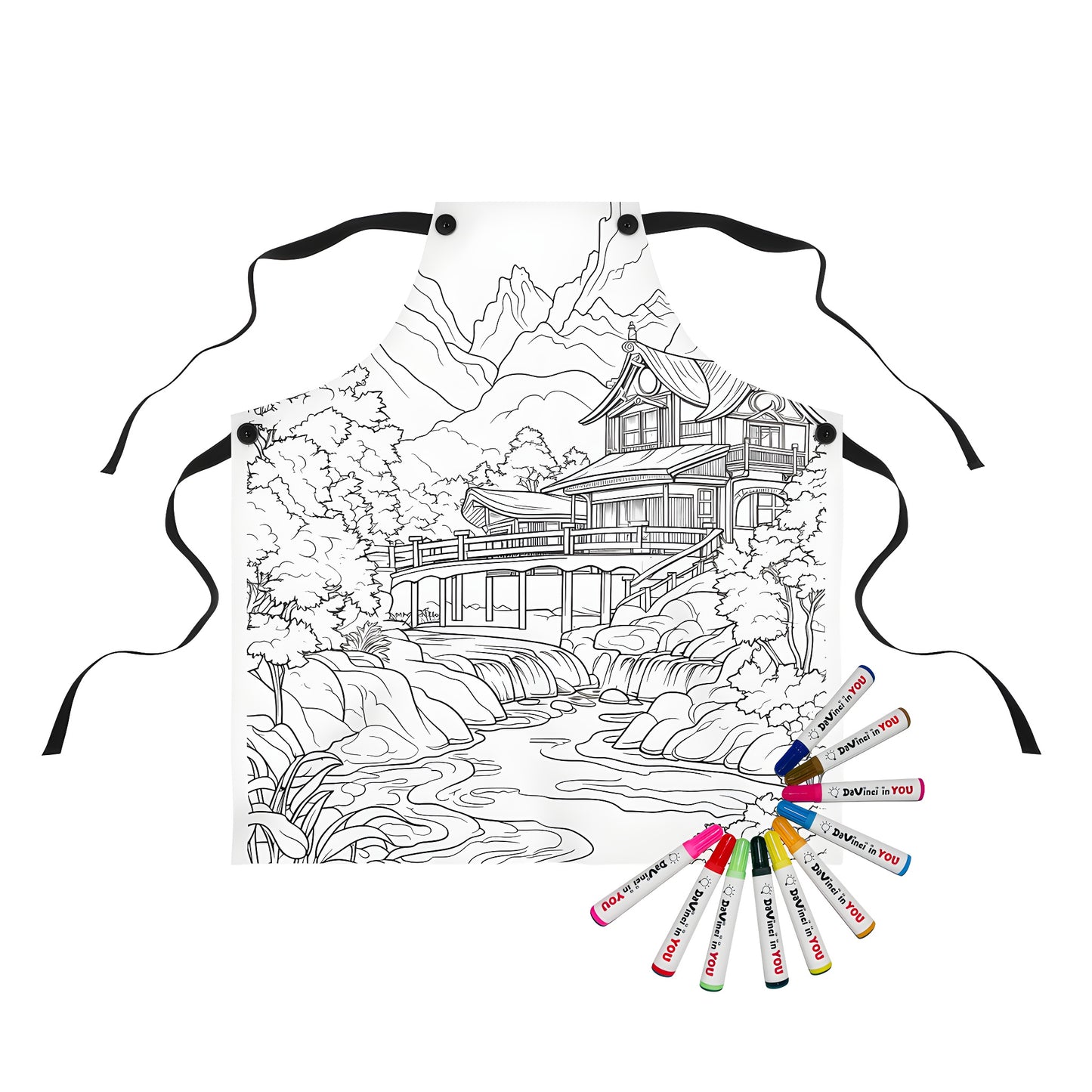 Colorful apron featuring a serene Zen garden scene with traditional house, bridge over river, trees, and mountains in a vibrant line drawing design.