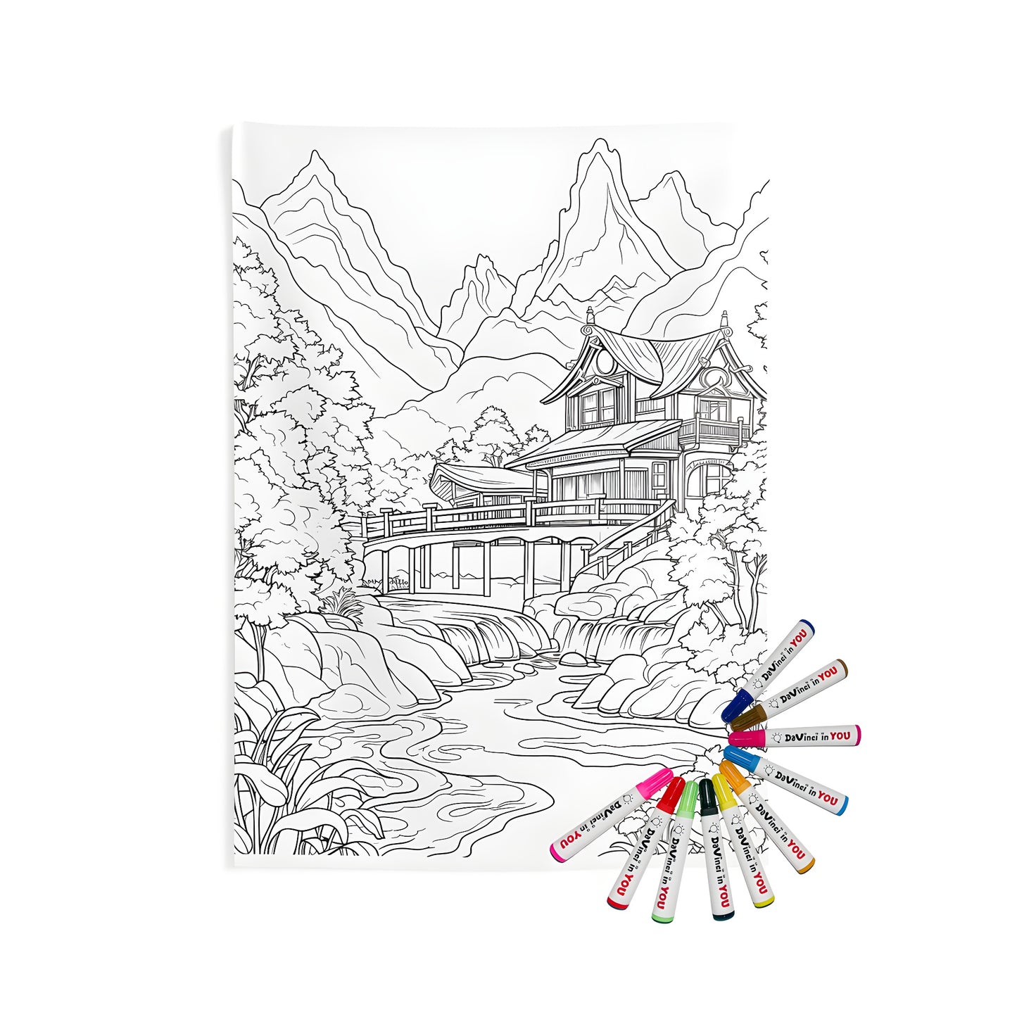 Japanese garden scene coloring page, tranquil landscape art for indoor wall tapestries