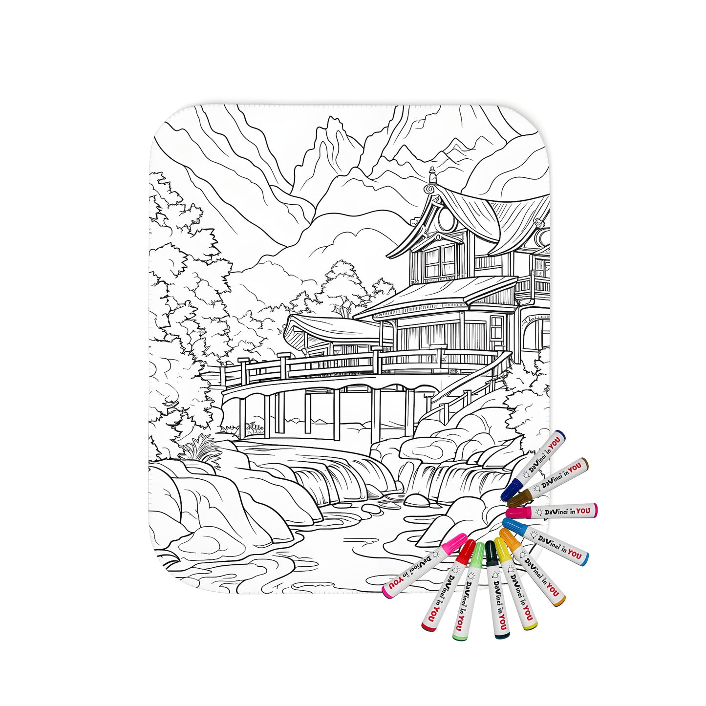 Cozy blanket featuring a serene traditional Japanese landscape design with a house, bridge, trees, and mountains, perfect for adults and kids alike.