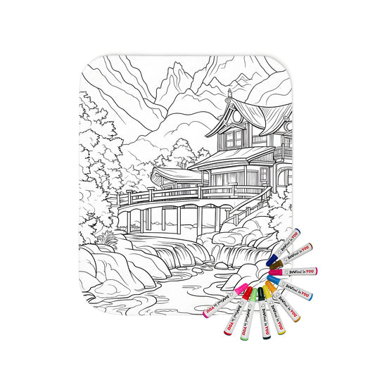 Cozy blanket featuring a serene traditional Japanese landscape design with a house, bridge, trees, and mountains, perfect for adults and kids alike.