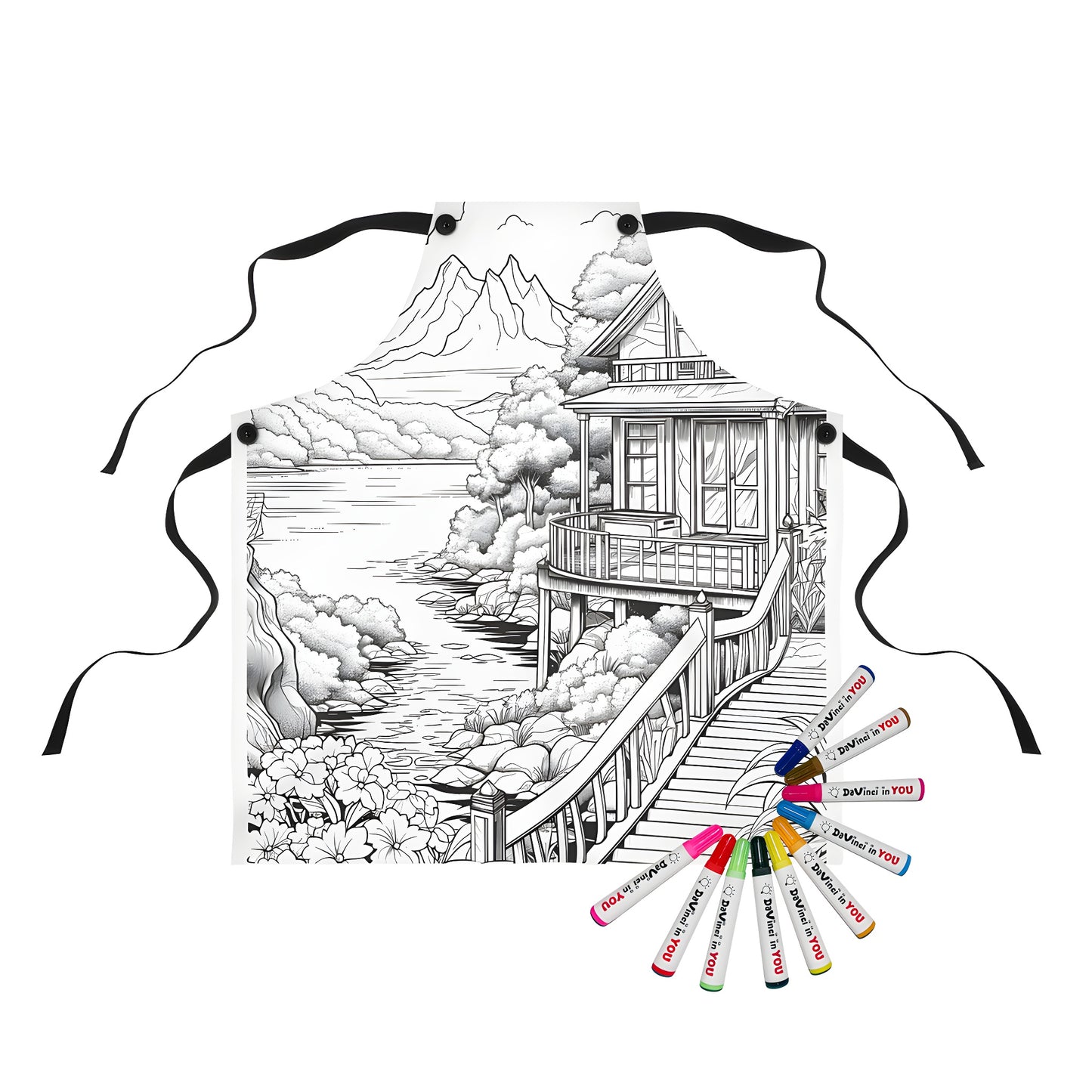 Mountain landscape apron with house design, featuring river, trees, flowers, and wooden bridge - colorful fabric markers included