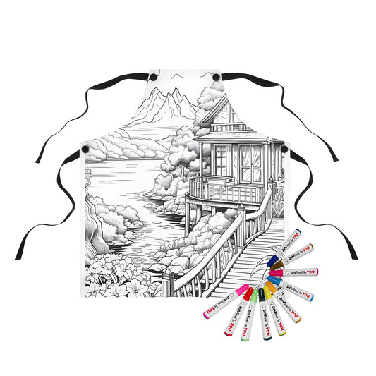 Mountain landscape apron with house design, featuring river, trees, flowers, and wooden bridge - colorful fabric markers included