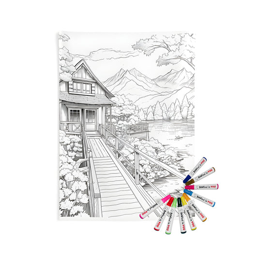 A detailed illustration of a lakeside cabin, wooden bridge, and mountains on an indoor wall tapestry, part of a coloring kit with fabric markers