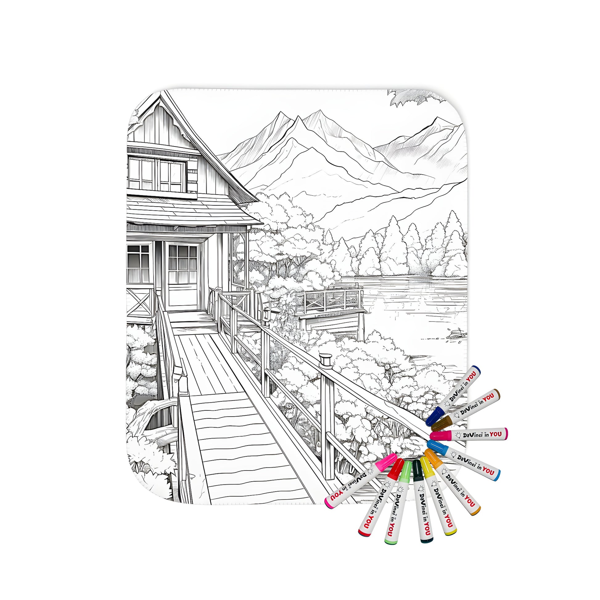 Lake house blanket with cabin scene illustration