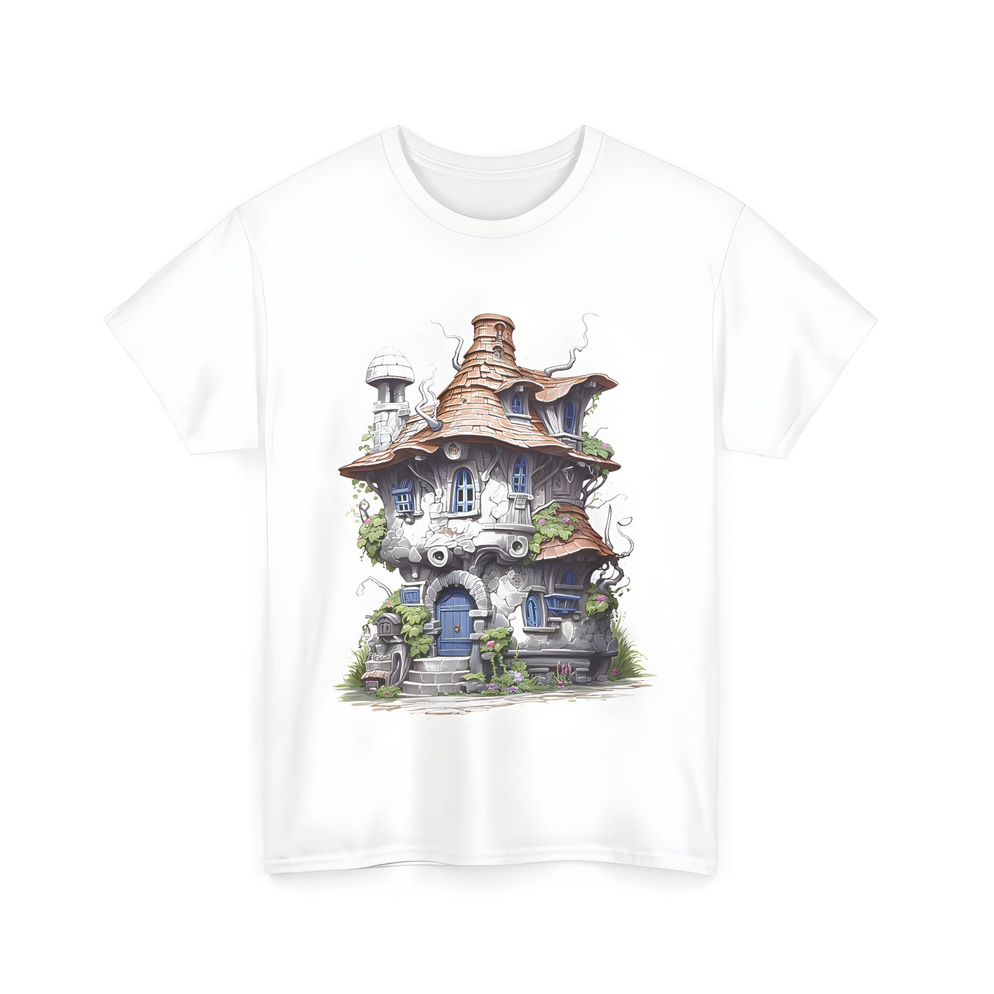 Unisex T-shirt with whimsical fairytale-inspired design featuring a colorful house with curved roofs and lush greenery