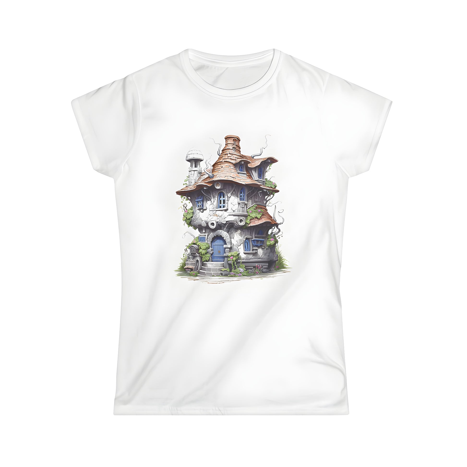 A whimsical, colorful illustration of a fantasy castle on a Women's T-shirt