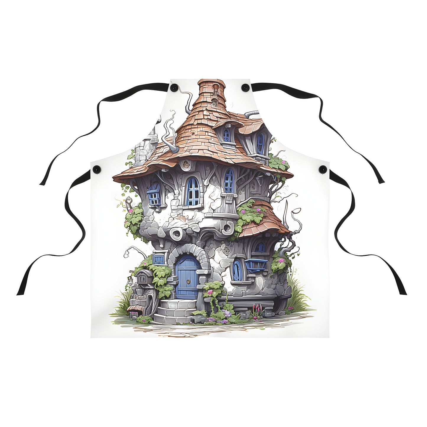 Colorful apron featuring whimsical fantasy castle design with curved roofs, round windows and doors, surrounded by lush greenery and vines