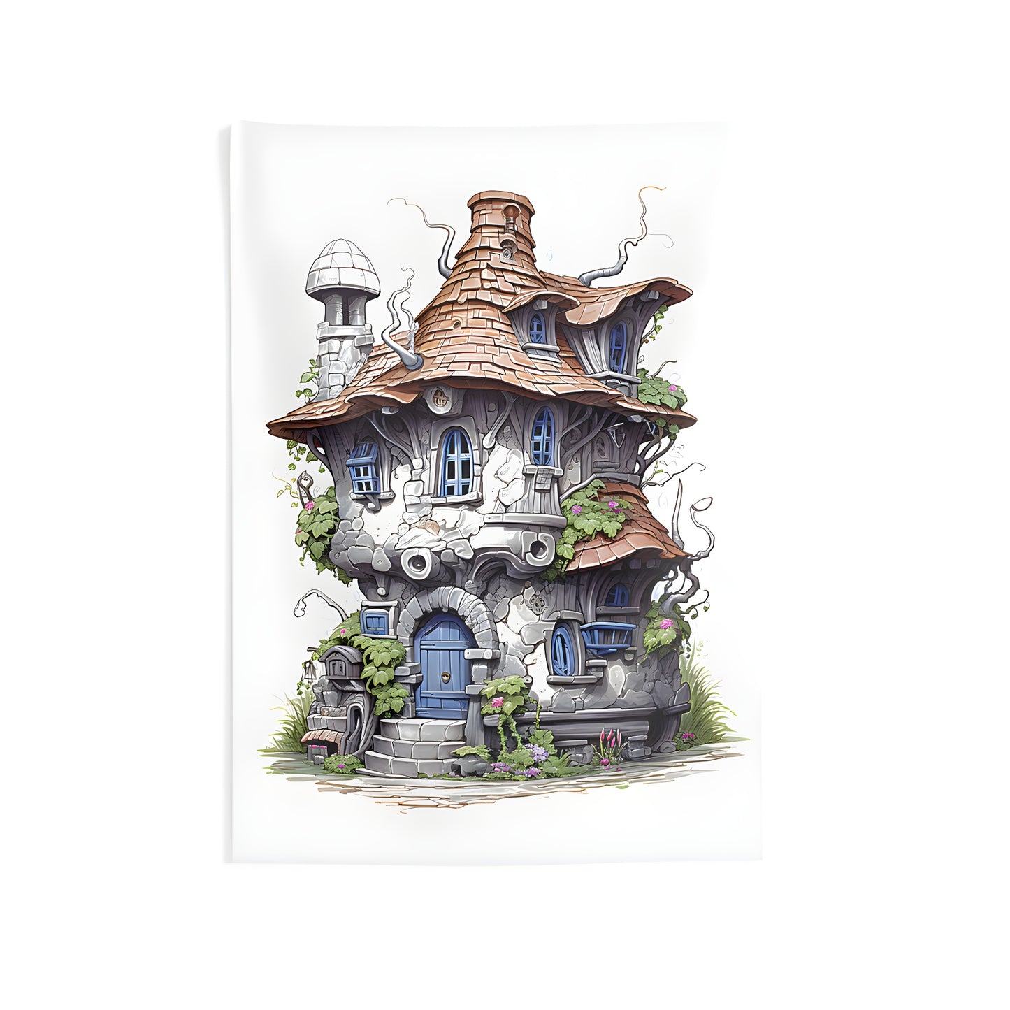 Colorful whimsical fantasy house wall tapestry with curved roofs, round windows, and doors, surrounded by lush plants and ivy