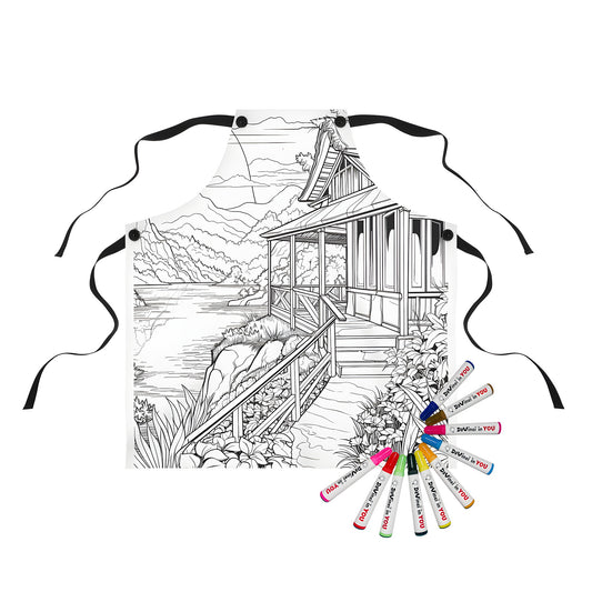 Apron with scenic landscape design featuring a detailed black and white line art of a wooden house by a tranquil lake surrounded by mountains and lush plants