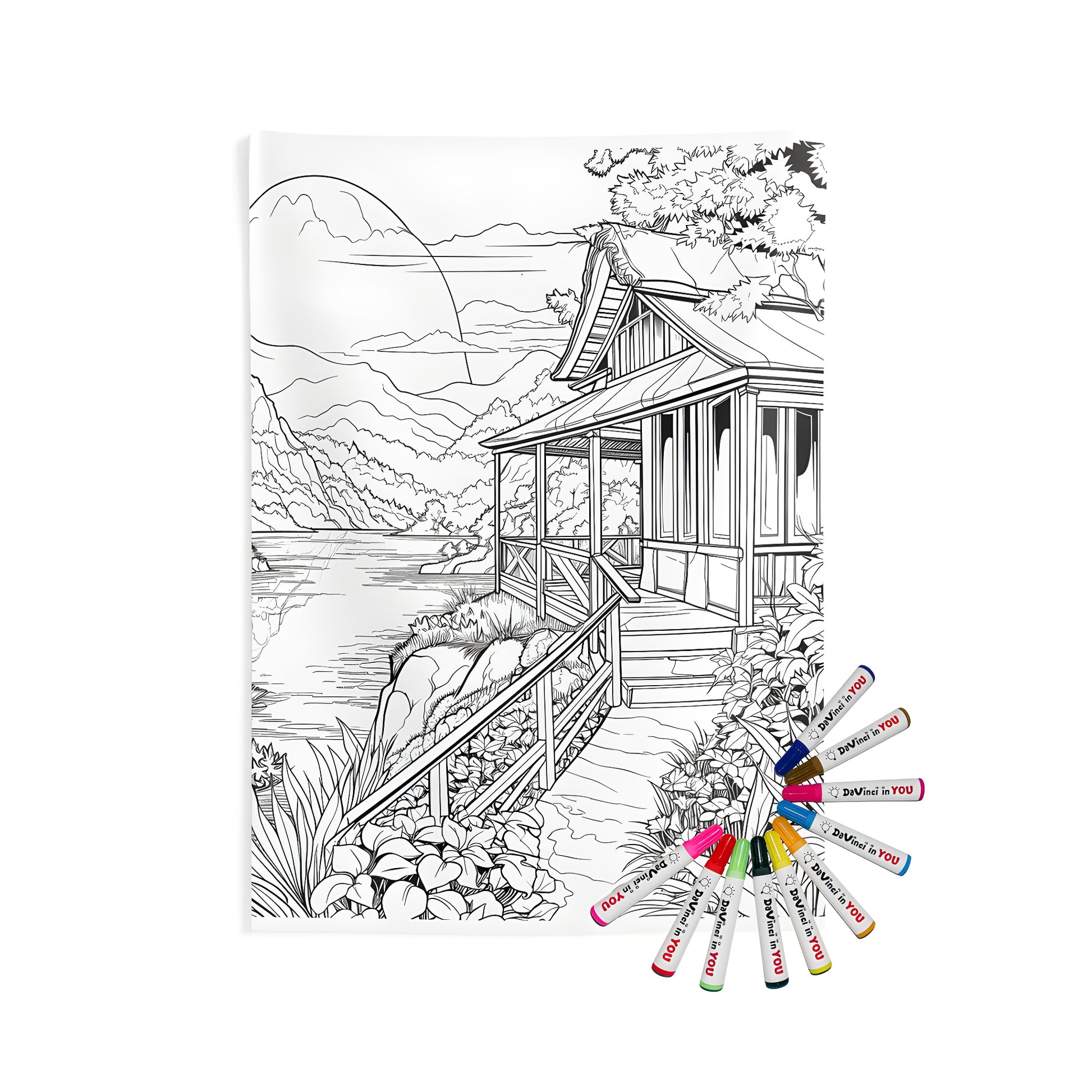 A beautiful, detailed, line art of a wooden house by a serene lake, surrounded by majestic mountains and lush greenery. Part of an Indoor Wall Tapestries Coloring Kit with fabric markers.