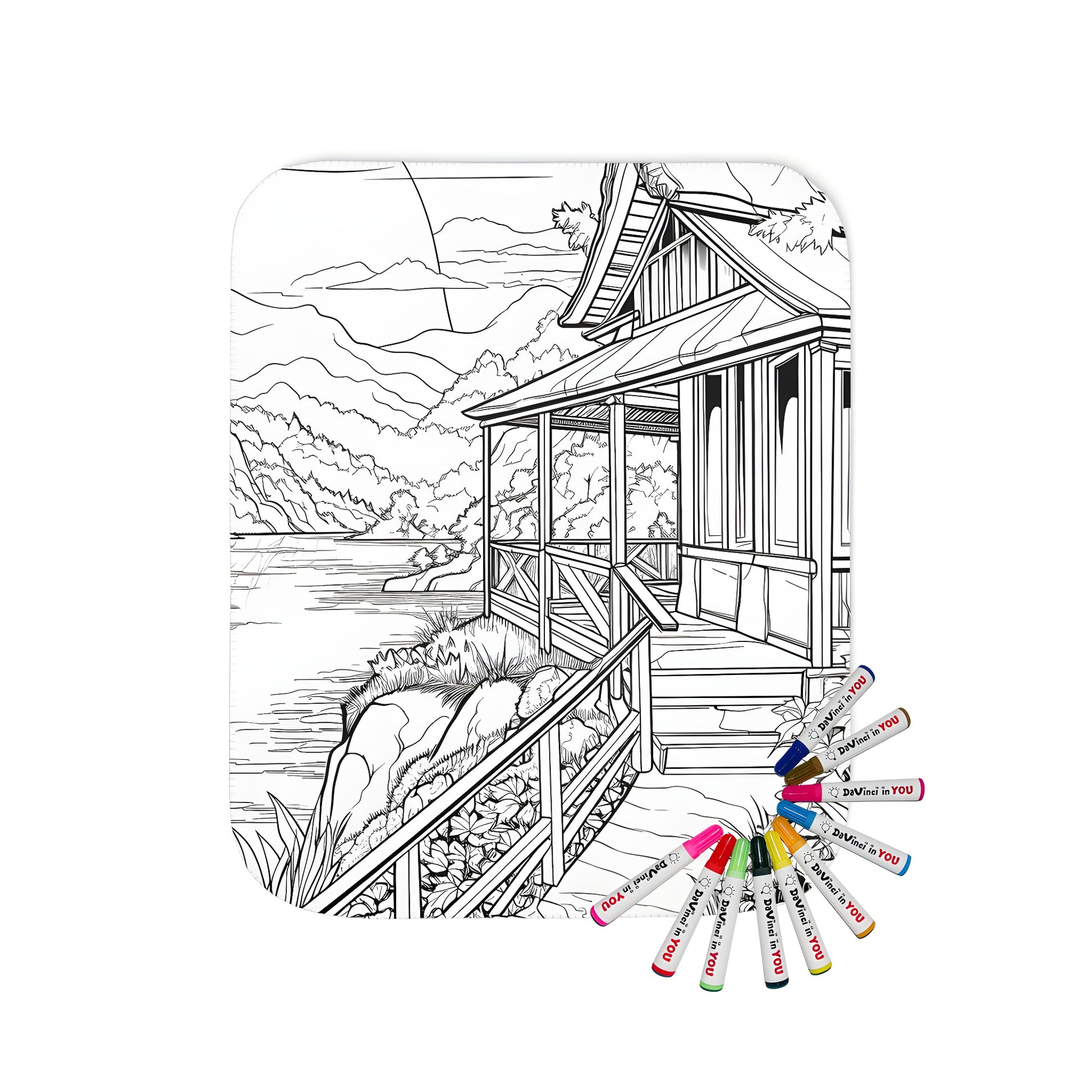 Detailed scenic landscape blanket for adult coloring enthusiasts