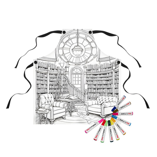 Apron featuring a detailed black and white illustration of a cozy study library, book nook, or quiet room with comfortable seating, wooden shelves, and a chandelier