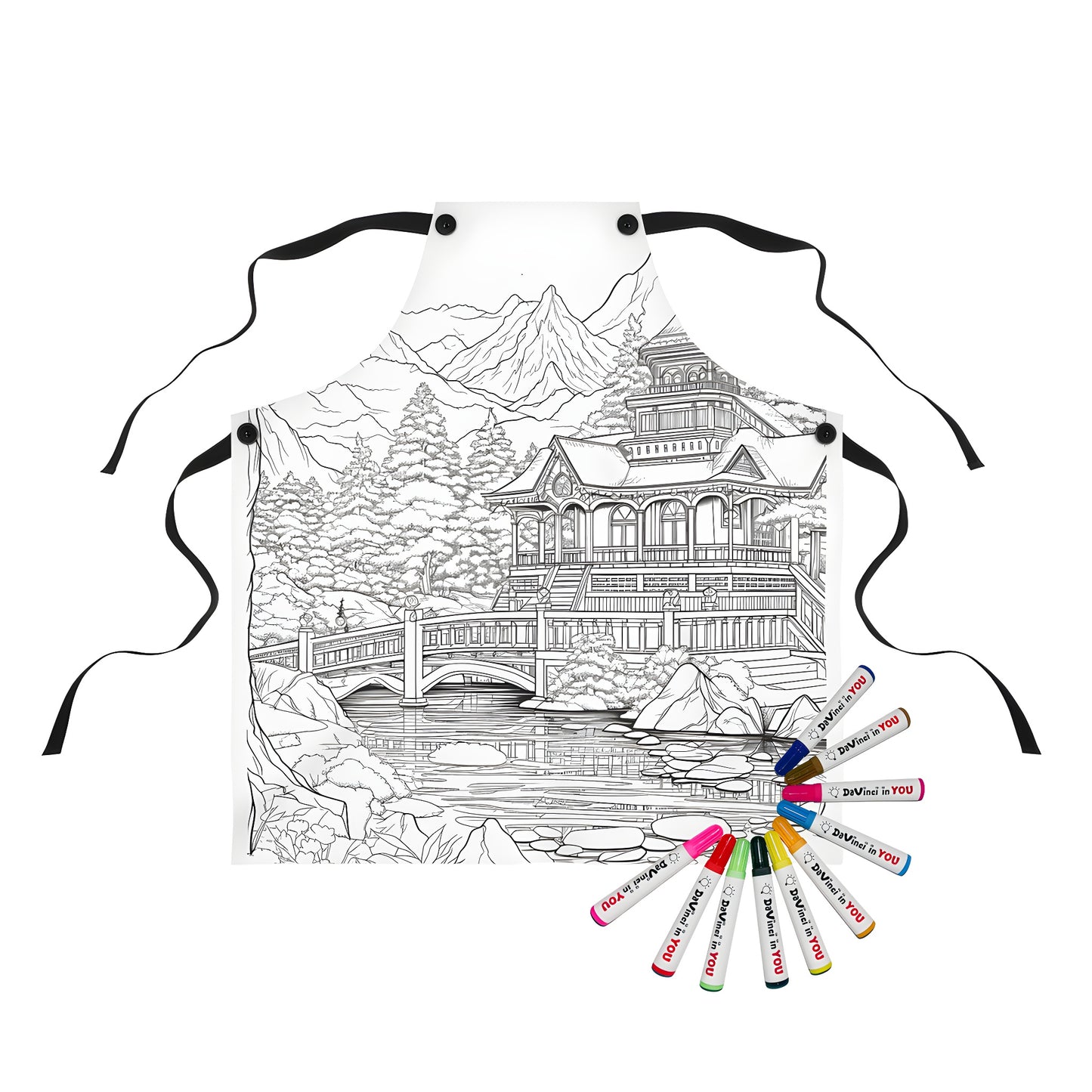 Coloring apron featuring an intricate mountain temple design with a bridge over a serene river, surrounded by lush trees and majestic mountains