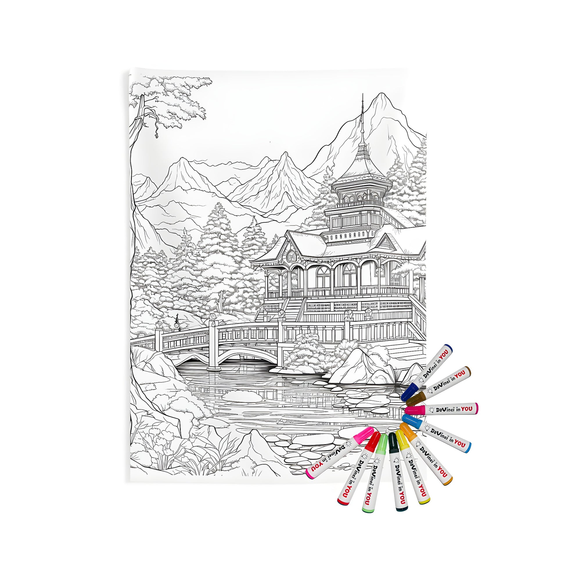 Indoor wall tapestry featuring a detailed mountain temple design with bridge over river, surrounded by trees and mountains