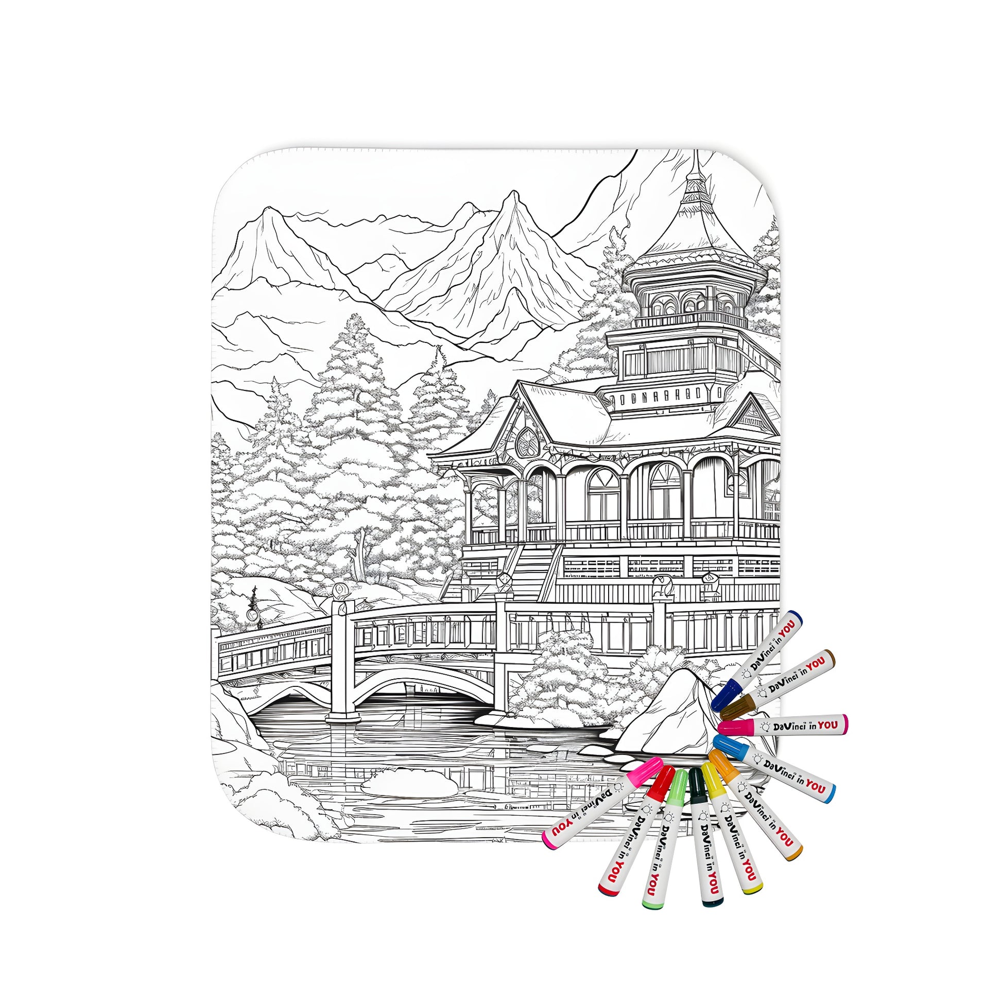 Mountain temple blanket with intricate drawing and colors