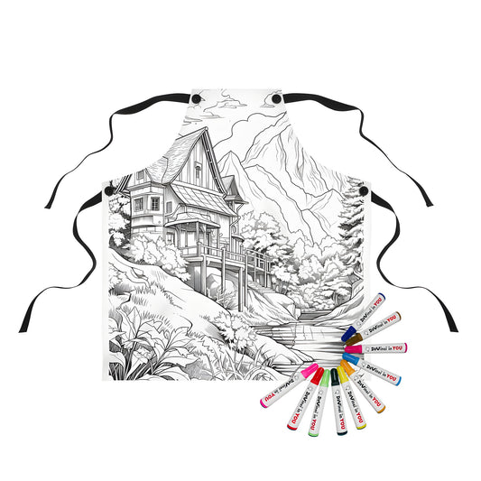 Apron with cozy mountain cabin design featuring a detailed drawing of a tall chimney, surrounded by trees and a serene stream