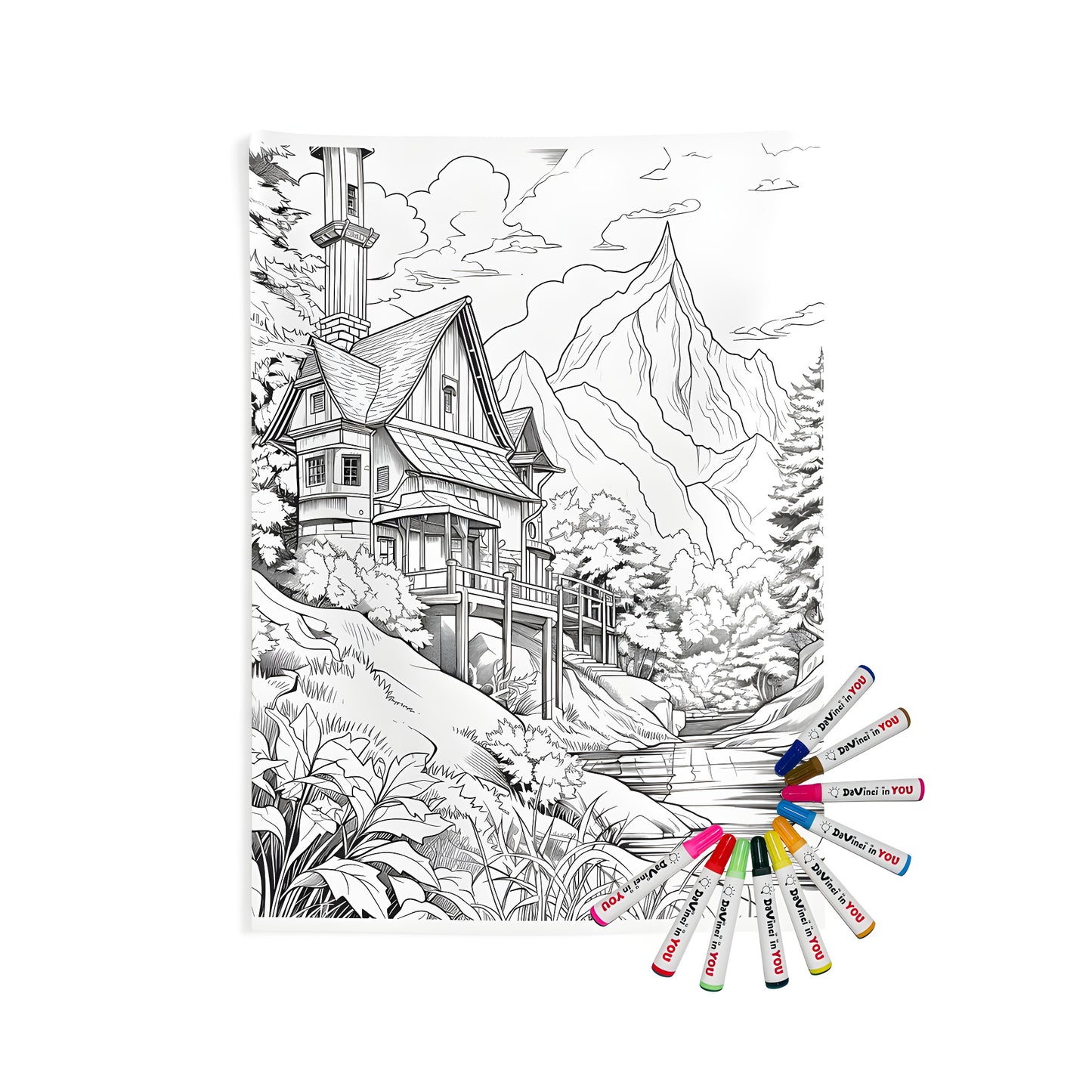 A detailed black and white mountain lodge coloring kit indoor wall tapestries for adults with fabric markers