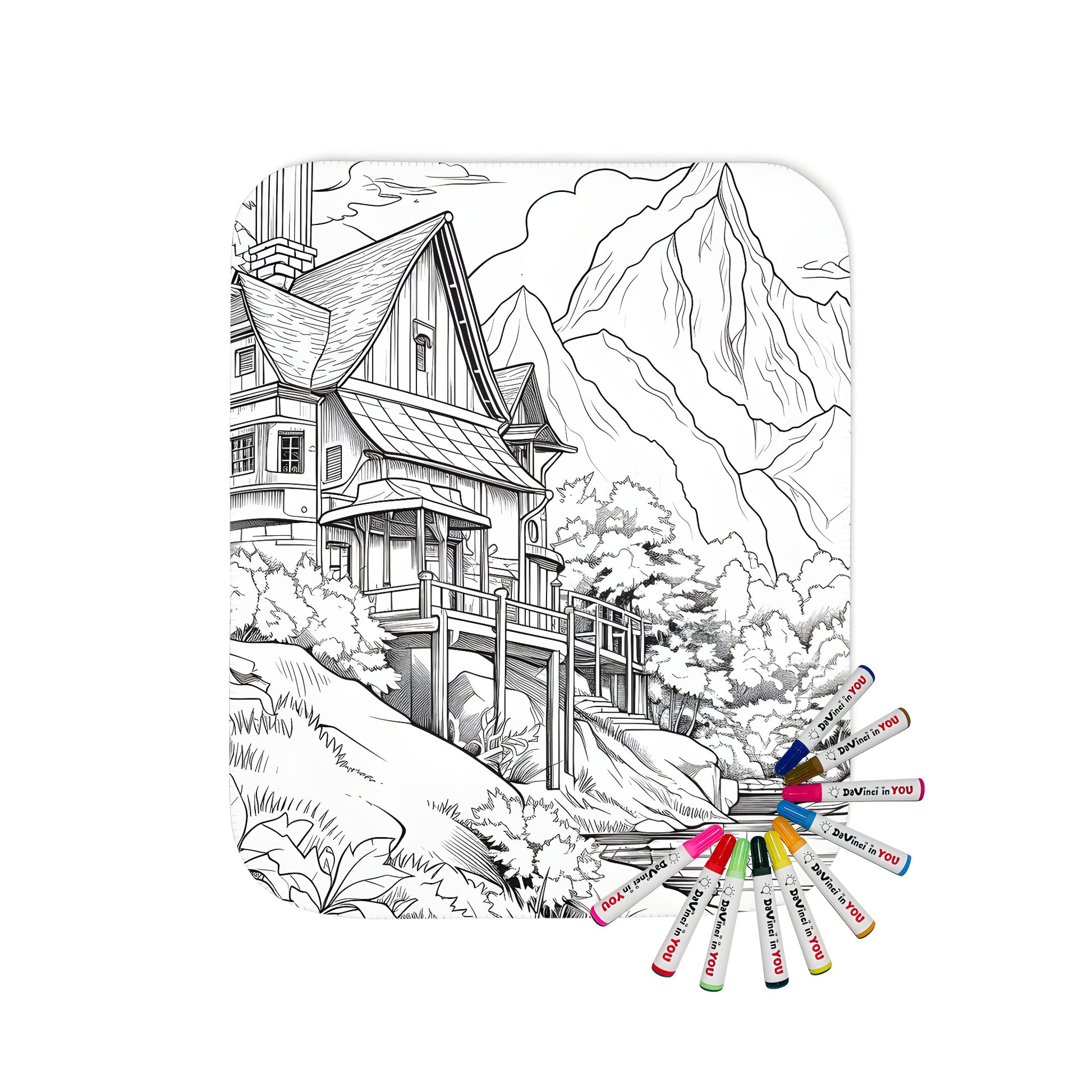 Cozy blanket with a detailed drawing of a cabin, chimney, trees, and a serene mountain landscape