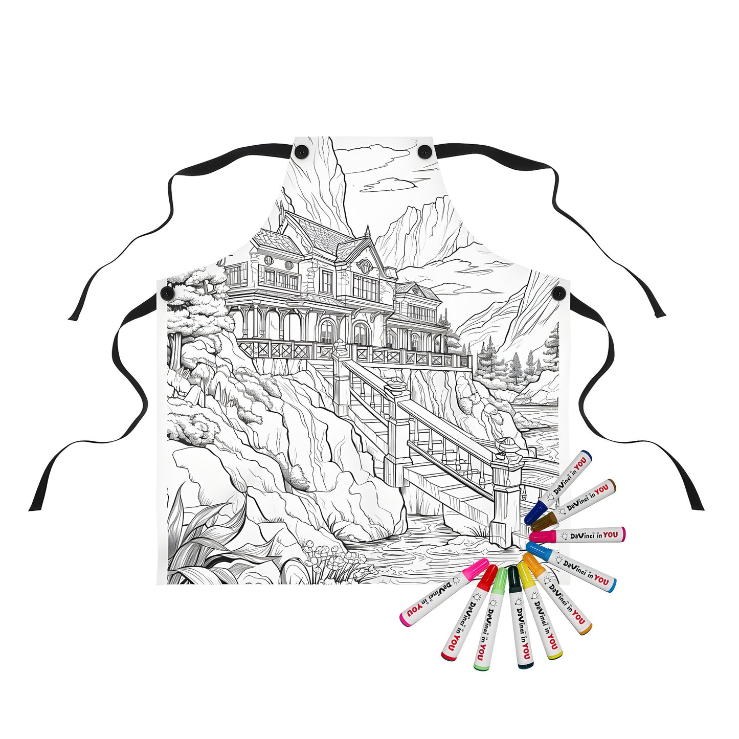 Mountain cabin, rustic chalet, country cottage apron with intricate coloring page design featuring a scenic landscape and bridge over a river