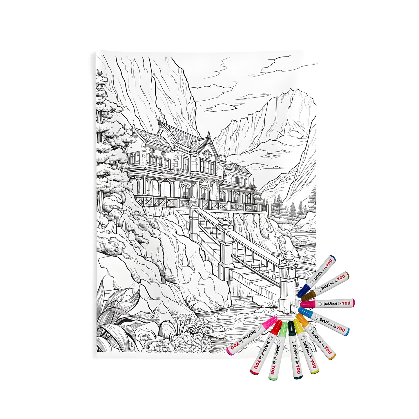 Mountain Lodge, Country Cottage, Chalet style Indoor Wall Tapestry with Intricate Coloring Page Design featuring a Scenic Landscape with River and Bridge