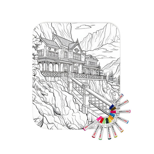 Cozy blanket with intricate coloring page design of a mountain lodge, featuring a bridge over a serene river in a scenic landscape, perfect for a relaxing atmosphere