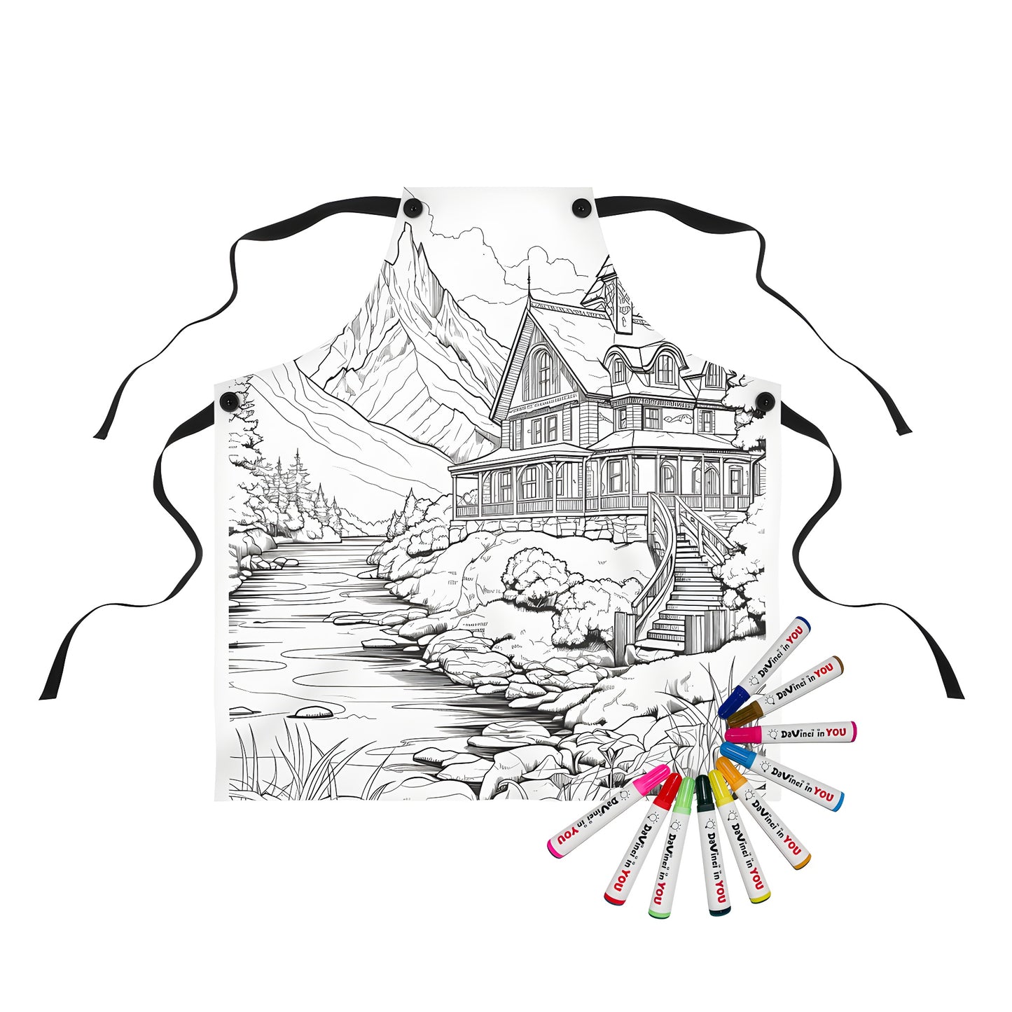 Apron with detailed cabin illustration near a river