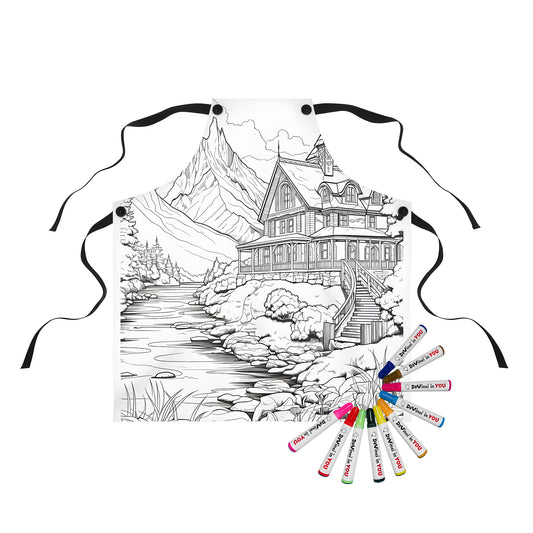 Apron with detailed cabin illustration near a river