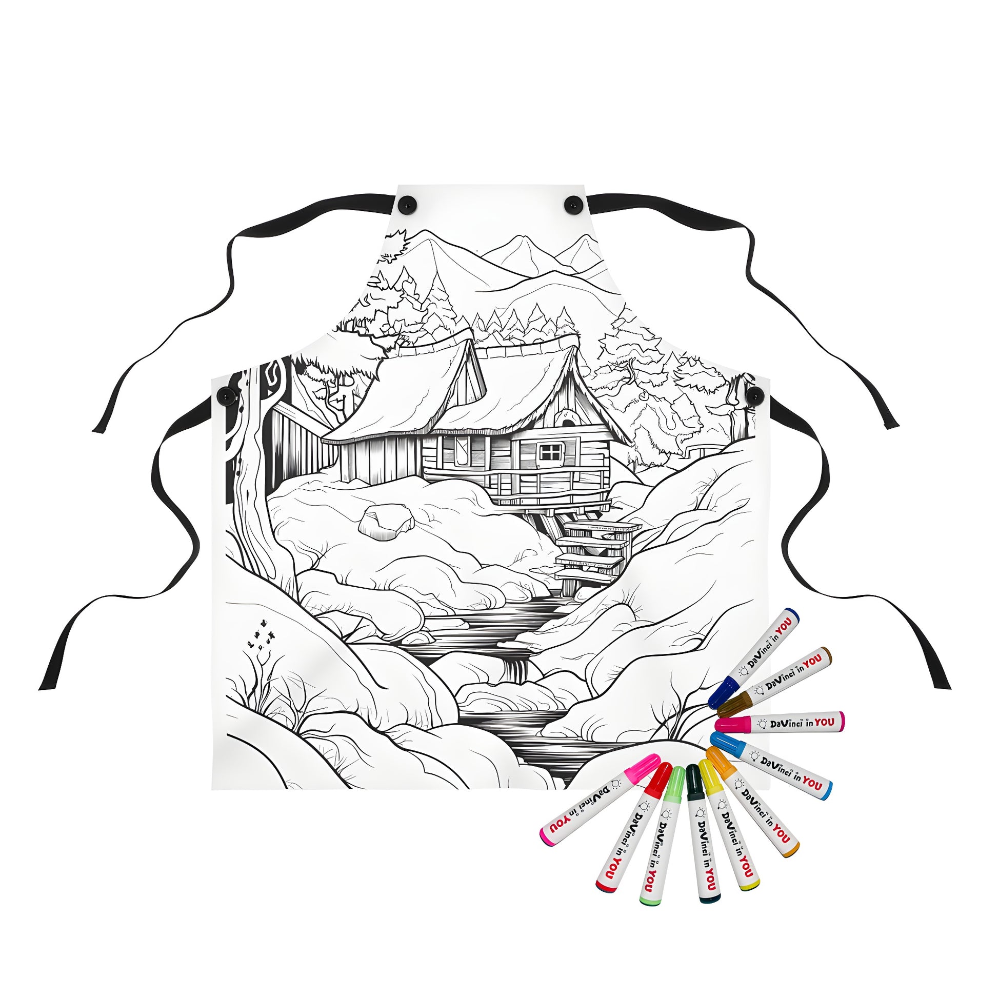 Mountain-themed apron with a detailed cabin design, surrounded by trees, mountains, and a flowing river