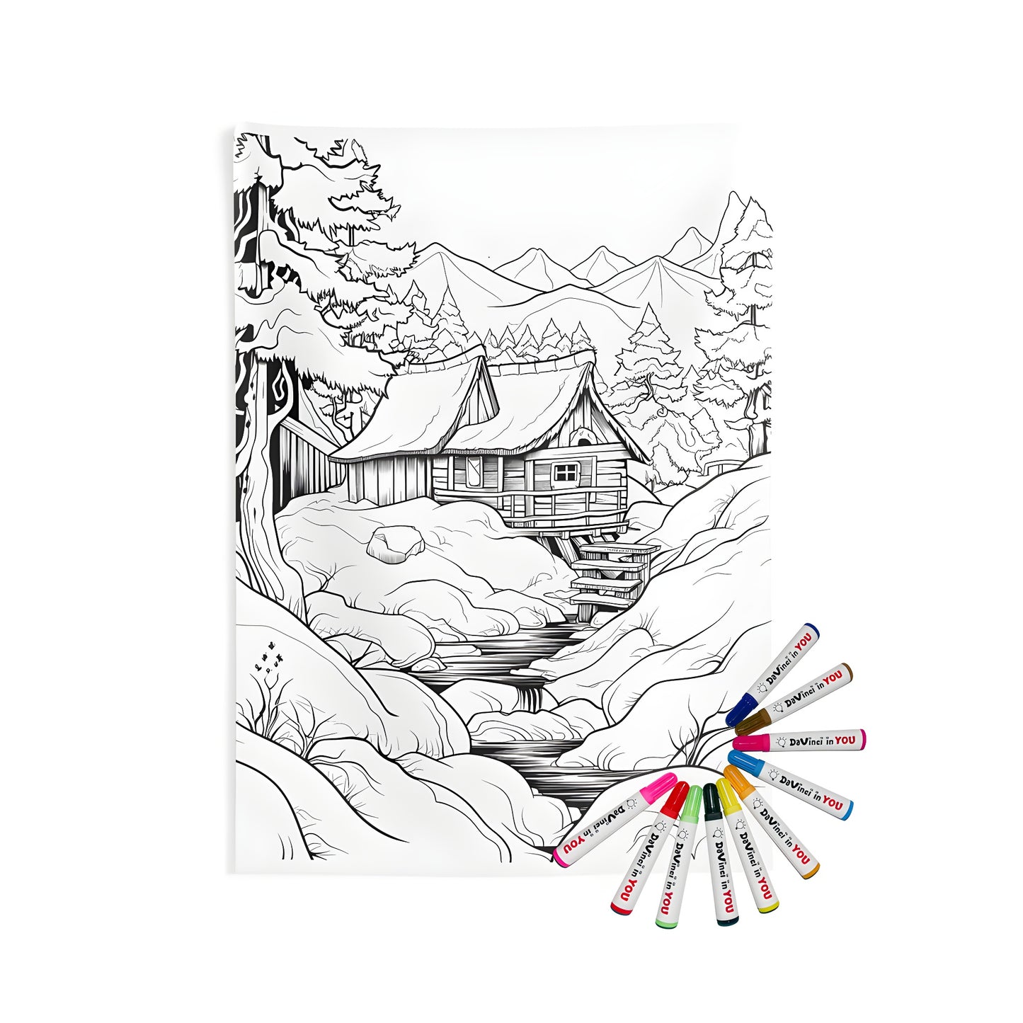 A beautiful indoor wall tapestry featuring a detailed coloring page design of a mountain lodge surrounded by trees, mountains, and a serene river scene.