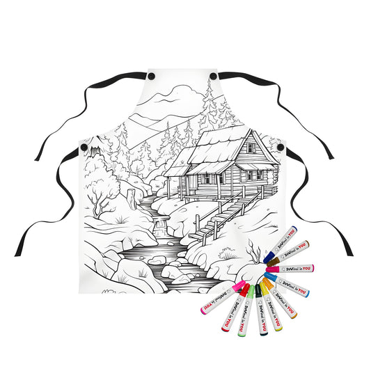 Apron featuring a mountain cabin scene, suitable for coloring and fun