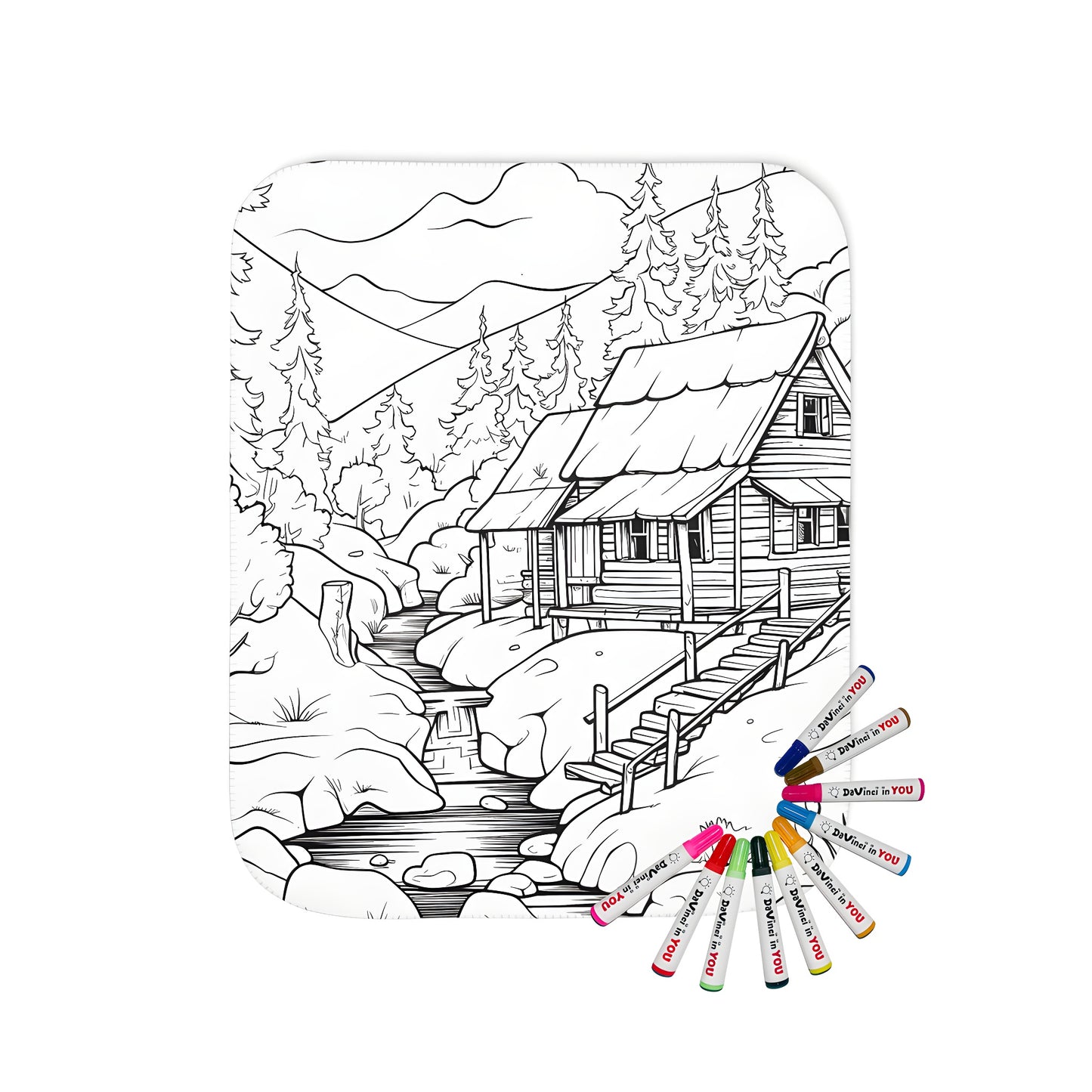 A cozy blanket featuring a detailed cabin scene by a river, surrounded by trees and mountains