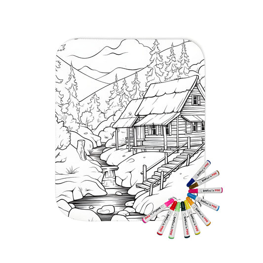 A cozy blanket featuring a detailed cabin scene by a river, surrounded by trees and mountains