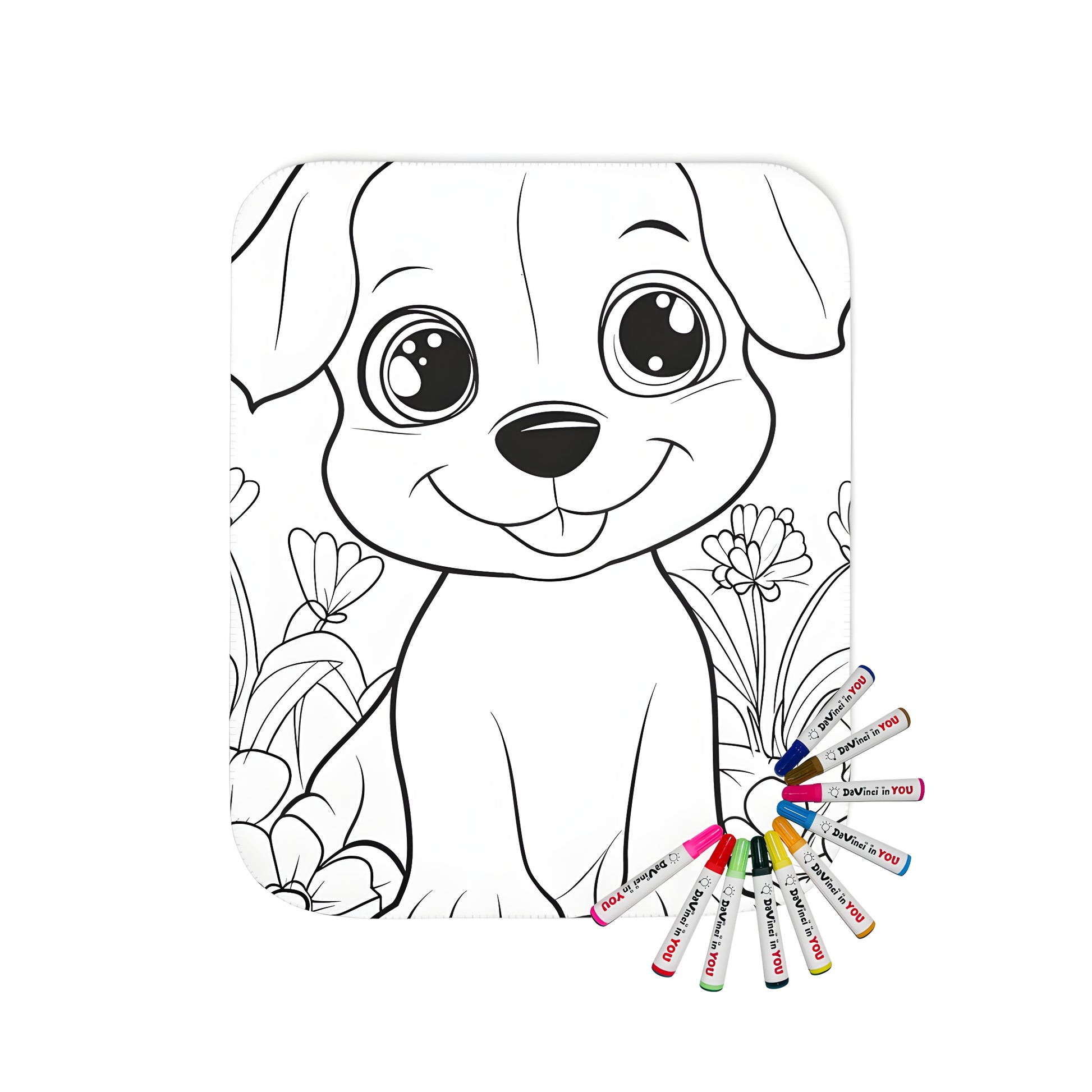 Cute Puppy Coloring Kit with 10 Markers on a cozy blanket