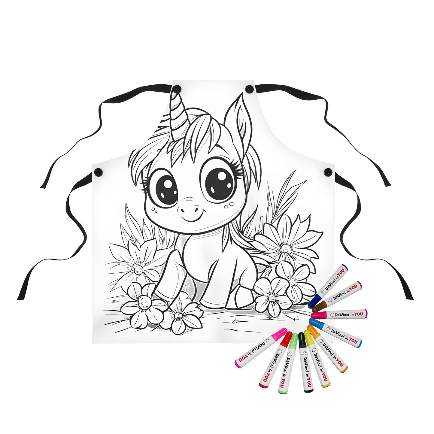 Adorable baby unicorn in flower design apron