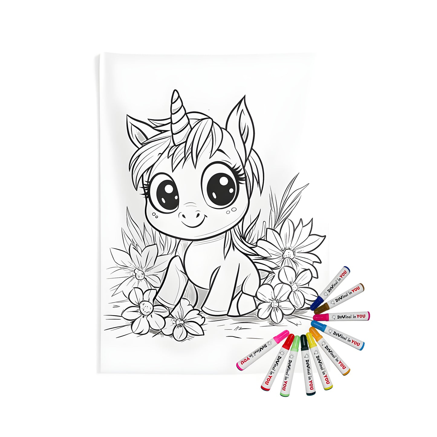 Indoor wall tapestry of baby unicorn in flowers design