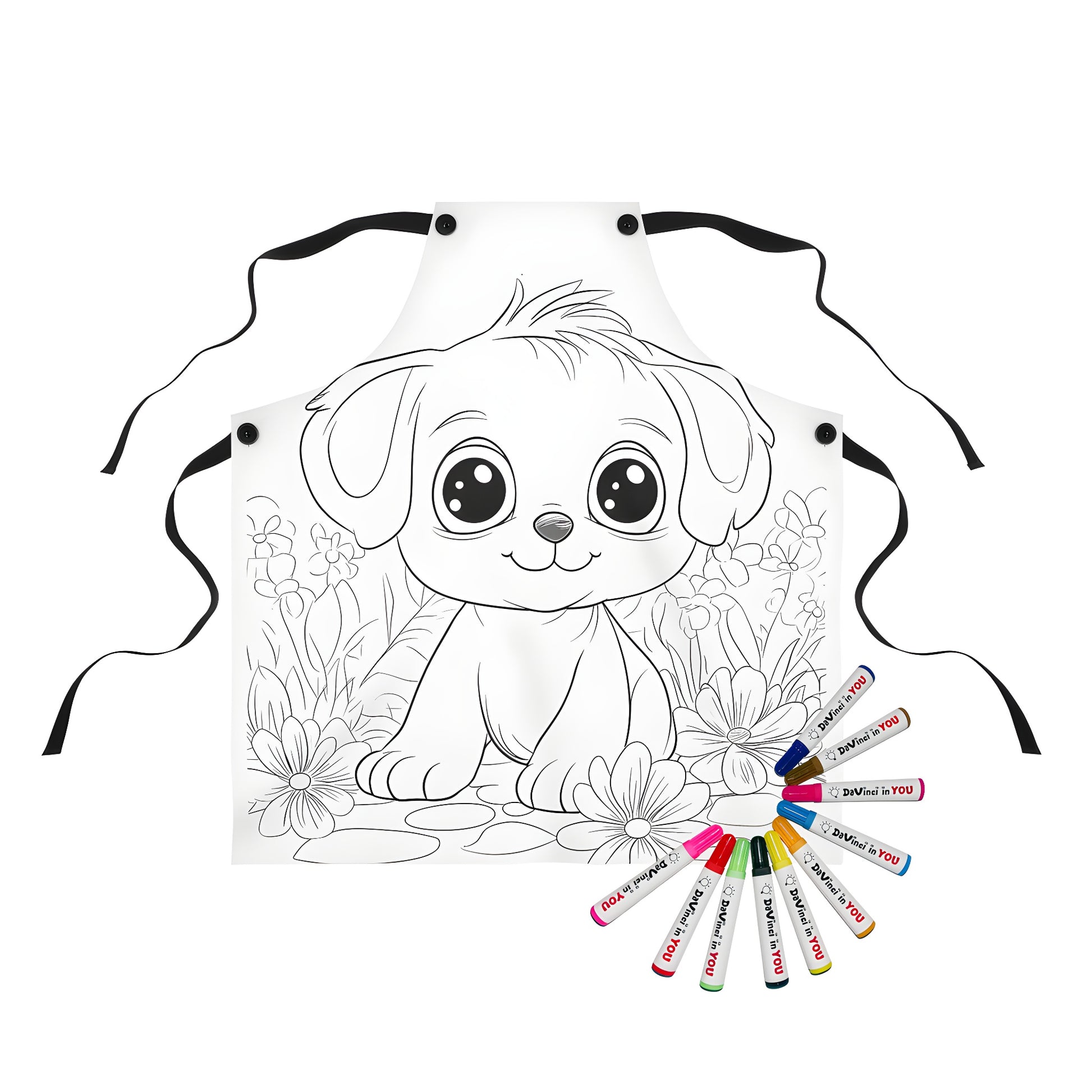 Coloring apron featuring a cute puppy illustration with big eyes sitting in a garden surrounded by flowers