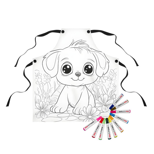 Coloring apron featuring a cute puppy illustration with big eyes sitting in a garden surrounded by flowers