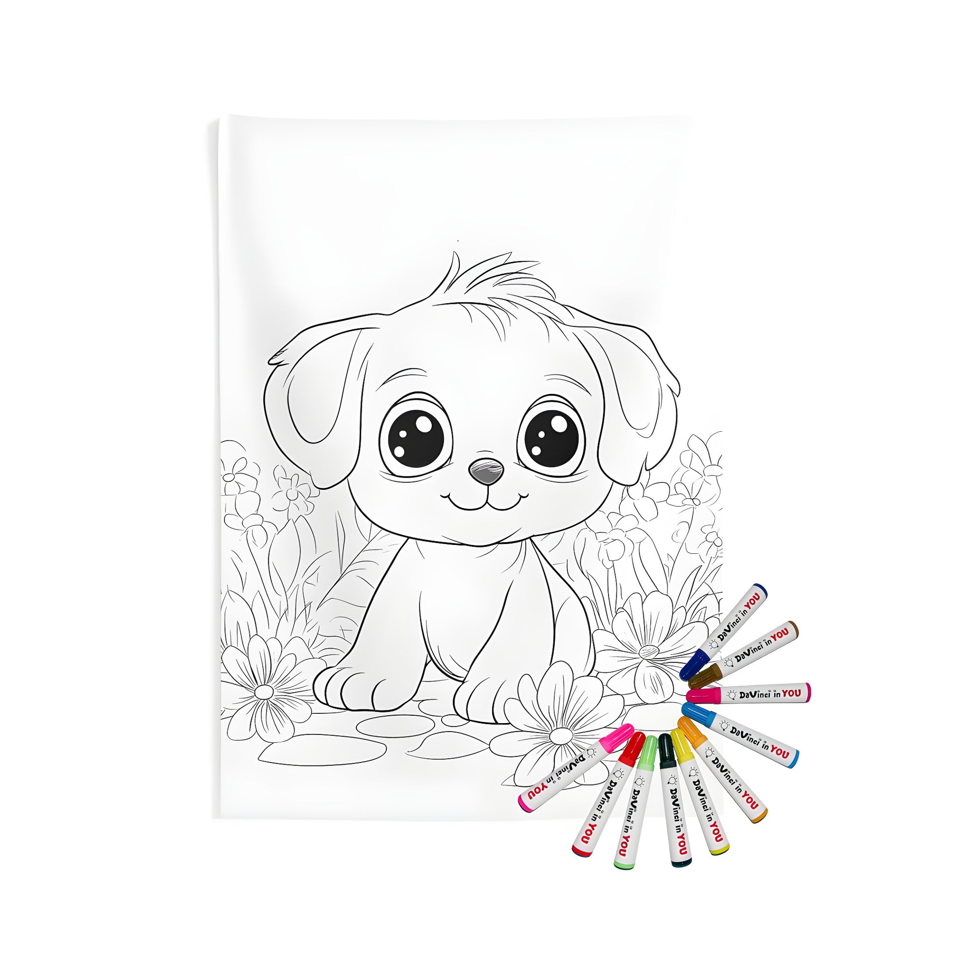 Adorable puppy wall tapestry featuring colorful garden design, perfect for kids and adult coloring enthusiasts. Includes 10 fabric markers for creative fun.