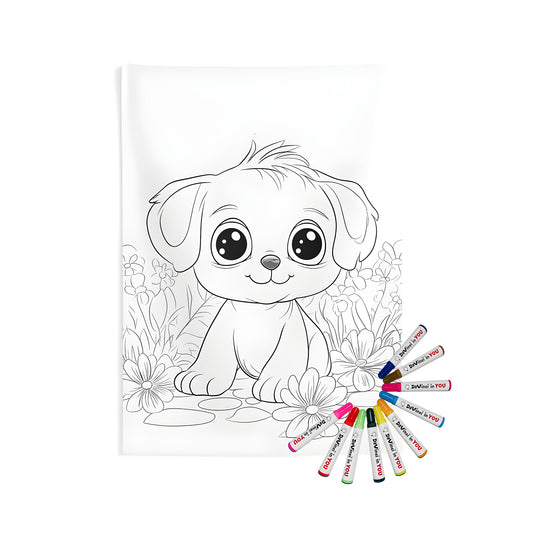 Adorable puppy wall tapestry featuring colorful garden design, perfect for kids and adult coloring enthusiasts. Includes 10 fabric markers for creative fun.