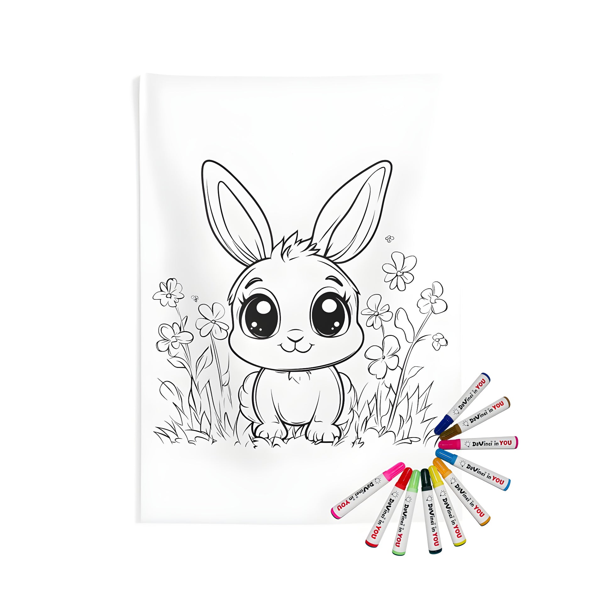 Cute bunny wall tapestry illustration with colorful flowers and grass - home decor, indoor art, animal design