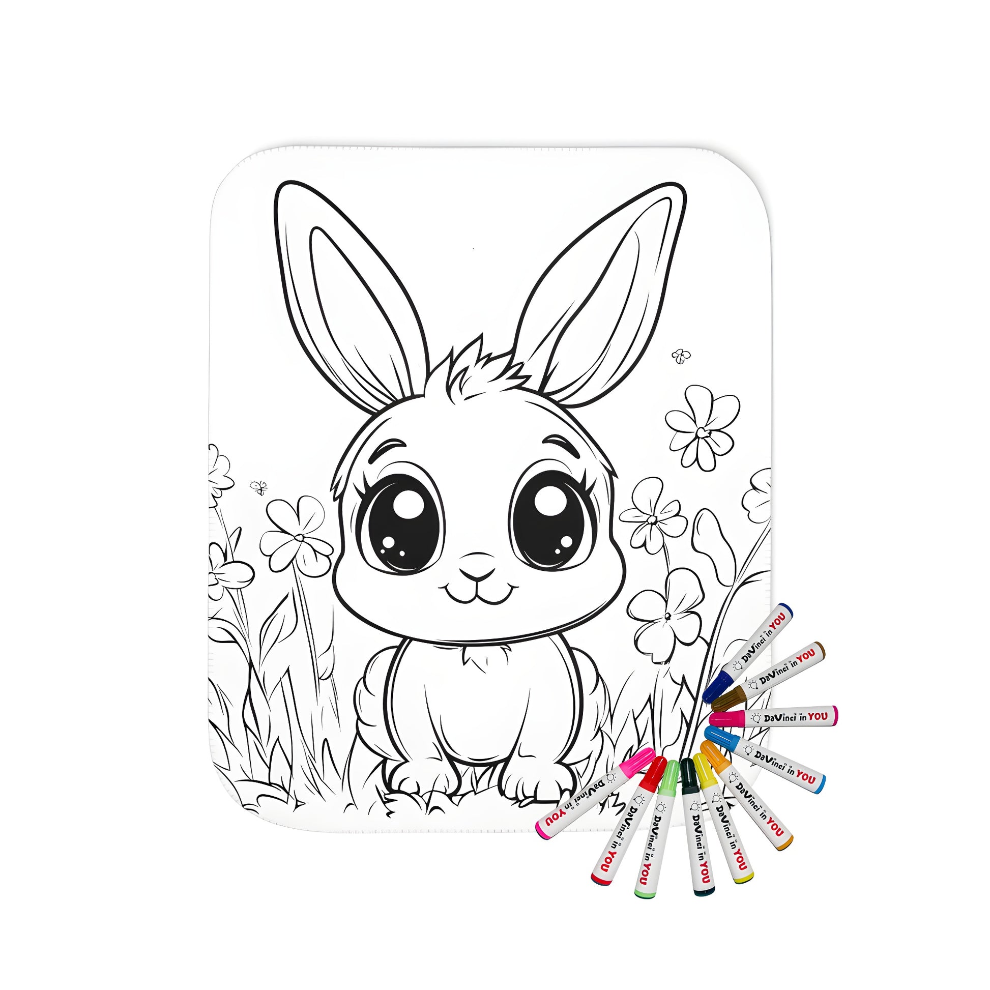 Blanket with adorable bunny design, featuring a cute little bunny surrounded by colorful flowers and lush green grass