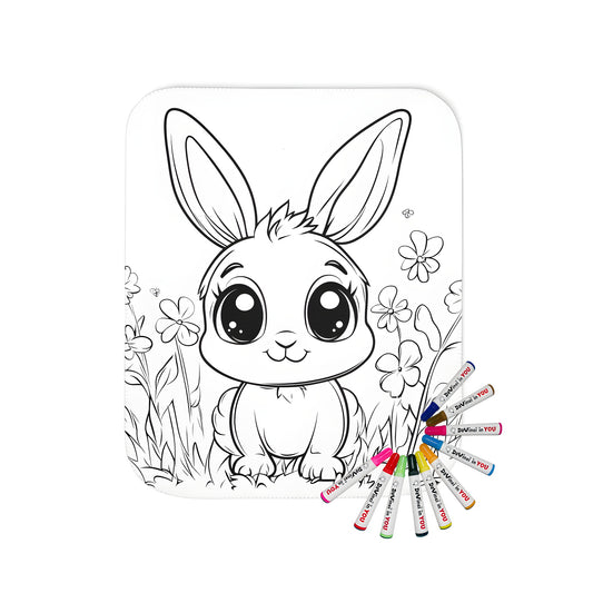 Blanket with adorable bunny design, featuring a cute little bunny surrounded by colorful flowers and lush green grass