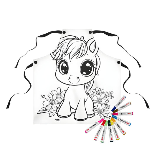 Cute baby unicorn apron for kids, black and white illustration of a little unicorn surrounded by flowers