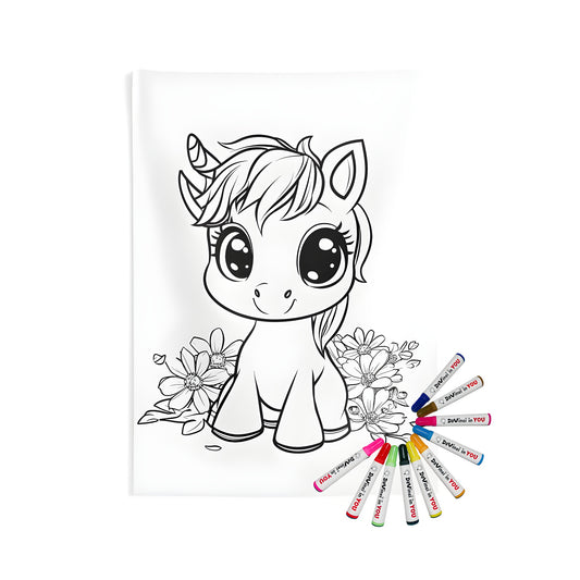 Indoor wall tapestry featuring a cute baby unicorn illustration with expressive eyes and surrounded by flowers